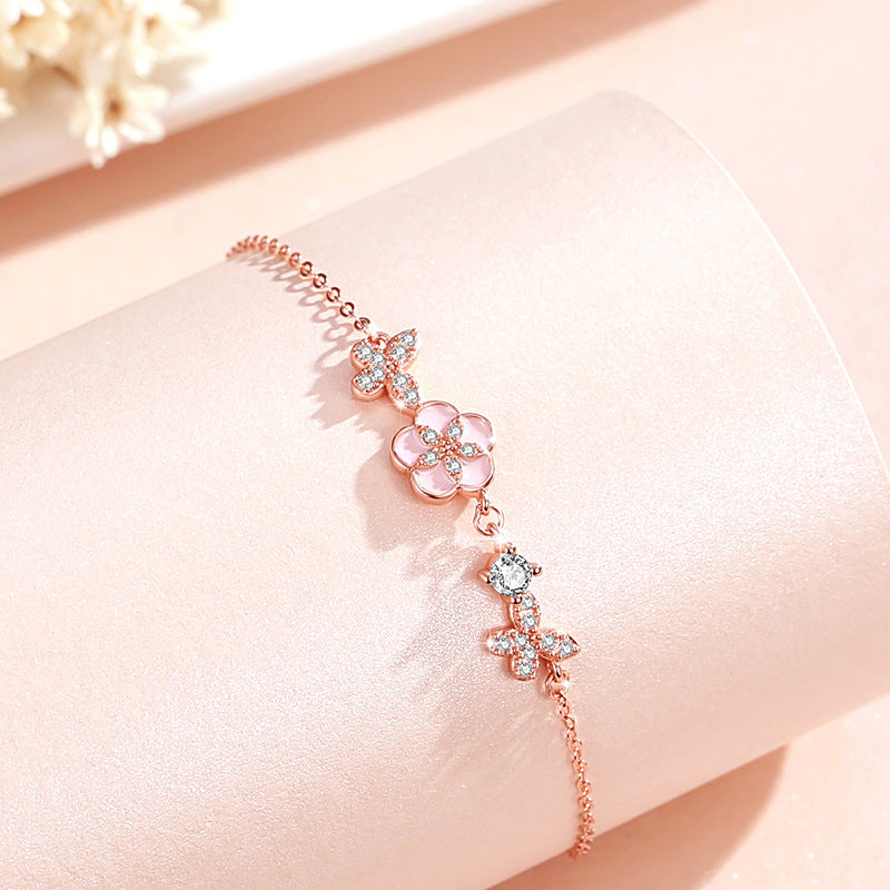 Sterling Silver Butterfly and Peach Blossom Bracelet – Zircon Accents