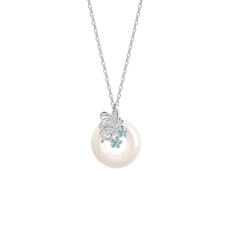 Sterling Silver Butterfly and Disc Necklace – Chalcedony
