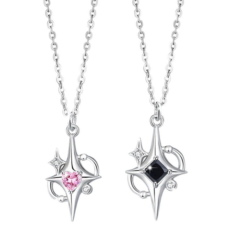 Star Sterling Silver 925 Couple Necklace Female Niche Design Light Luxury Pink Diamond Clavicle Chain Qixi Ins Love Pendant