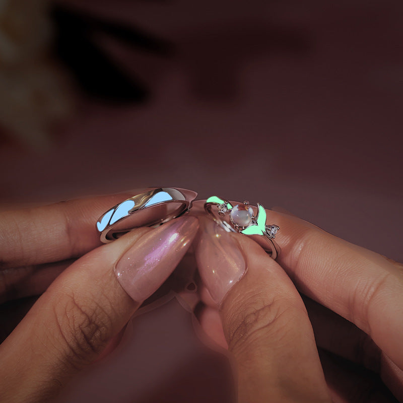 Whale Has You Luminous Sterling Silver 925 Couple Ring Men's and Women's Light Luxury Glass Stone Ring Isn Whale Tail Ring