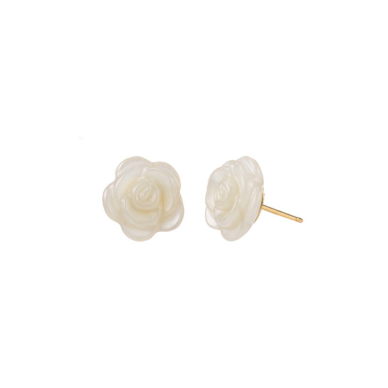 Hetian Jade Rose Stud Earrings Three-Dimensional Relief S925 Sterling Silver New Chinese Style Simple Earrings for Women Valentine's Day Gift