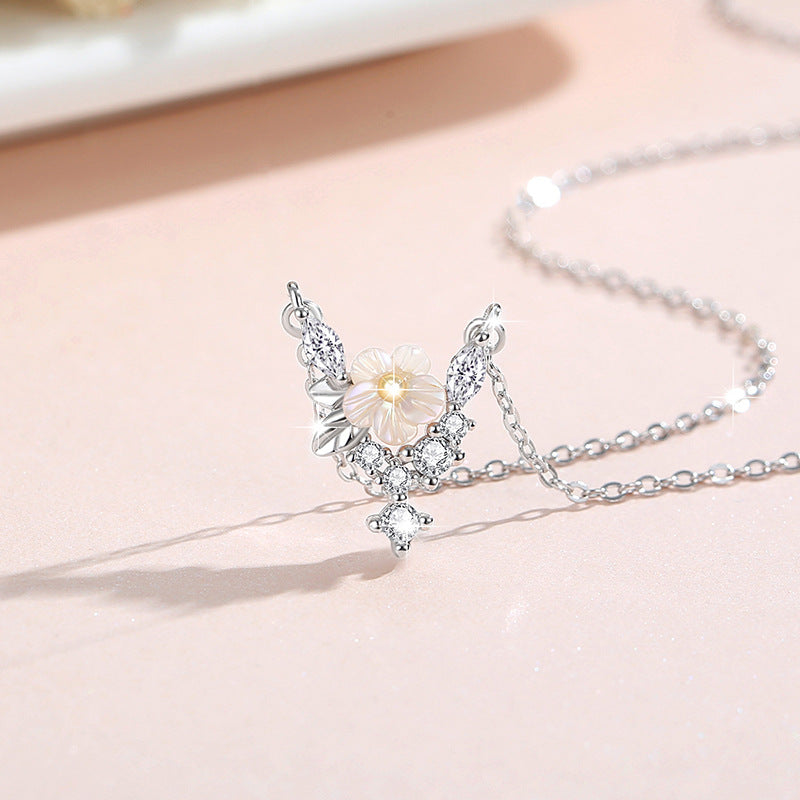 Cherry Blossom Sterling Silver 925 Necklace Female Niche Design Light Luxury Petal Zircon Clavicle Chain Get Things Ins Flower Pendant