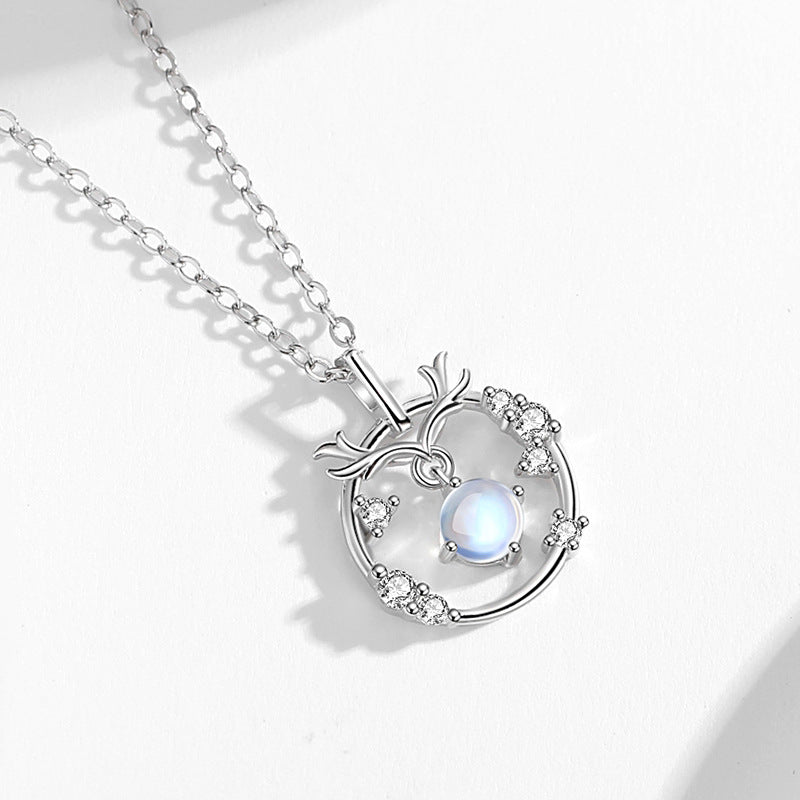 Mori Antler Necklace Ring Moonstone Pendant Niche S925 Silver Jewelry One Deer Accompanied Valentine's Day Gift Wholesale