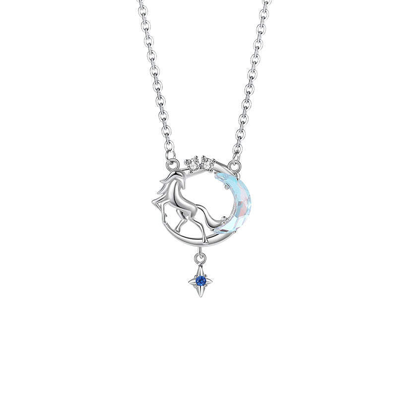 Unicorn Sterling Silver 925 Necklace Female Niche Design Light Luxury Glass Stone Moon Clavicle Chain Ins Star Pendant