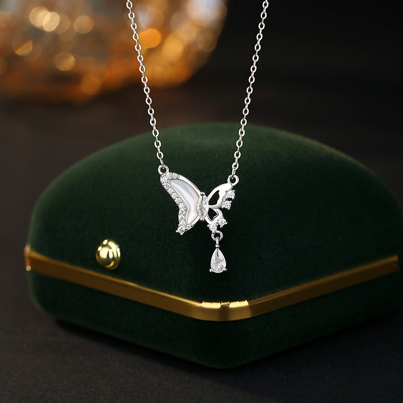 S925 Sterling Silver Necklace Female White Fritillary Butterfly Water Drop Tassel Pendant Light Luxury Girl Style Fresh Clavicle Chain