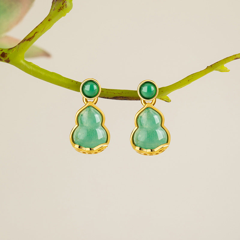 Gourd Sterling Silver 925 Stud Earrings Women's Light Luxury High-Grade Natural African Copper Coin Earrings Ins Chalcedony Coin Earrings