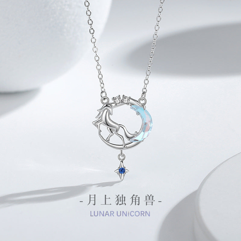 Unicorn Sterling Silver 925 Necklace Female Niche Design Light Luxury Glass Stone Moon Clavicle Chain Ins Star Pendant