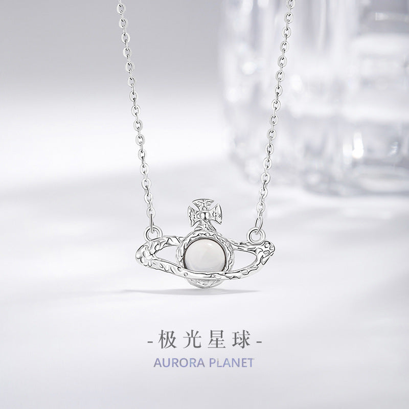 Saturn Sterling Silver 925 Chalcedony Necklace Female Niche Design Light Luxury Star Clavicle Chain Ins Style Cross Pendant
