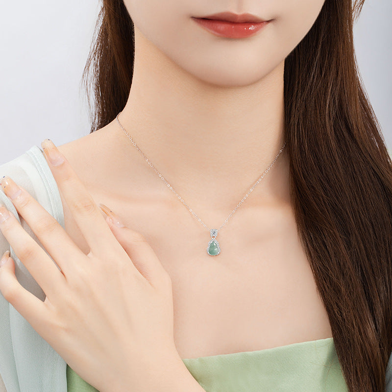 Fu Lu Double Full Sterling Silver 925 Necklace New Chinese National Fashion Dangerous Material Blue Water Jade Clavicle Chain Ins Style Gourd Pendant