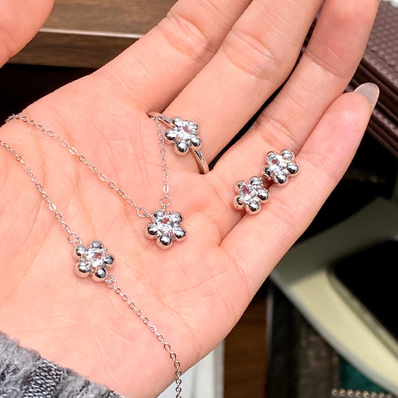 S925 Sterling Silver Five-Petal Flower Diamond Jewelry Set All-Match Flower Stud Earrings Necklace Bracelet Ring Valentine's Day Gift