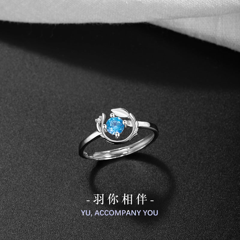 Yu You Accompany Sterling Silver 925 Ring Female Niche Design Light Luxury Blue Zircon Ring Ins Style Feather Ring