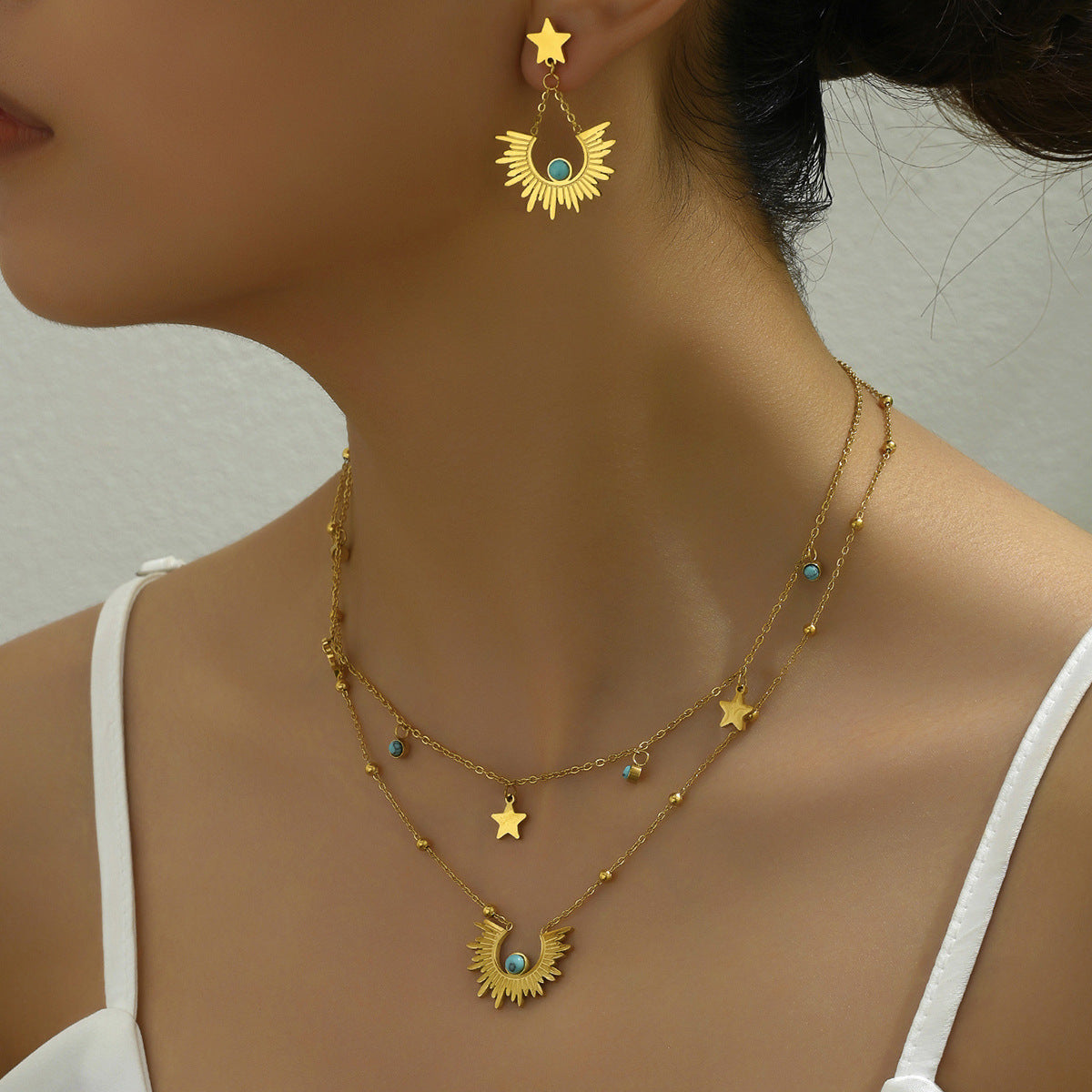 New Fashion Trendy Earrings Clavicle Chain Women's Suit Niche Inlaid Turquoise Design Ear Buckle Necklace Jewelry