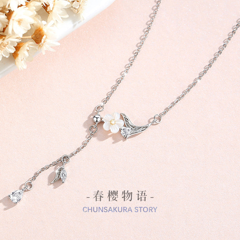 Sterling Silver Cherry Blossom and Butterfly Necklace – Zircon Accents