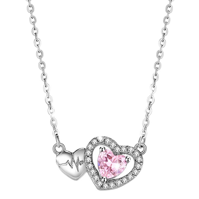 Lovely Sterling Silver 925 Necklace Female Niche Design Light Luxury Pink Diamond Clavicle Chain Get Things Ins Style ECG Pendant