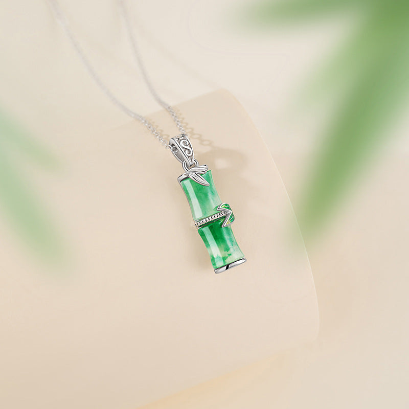 High-Rise Sterling Silver 925 Necklace Women's New Chinese Style Natural Jade Bamboo Clavicle Chain Ins Style Bamboo Pendant