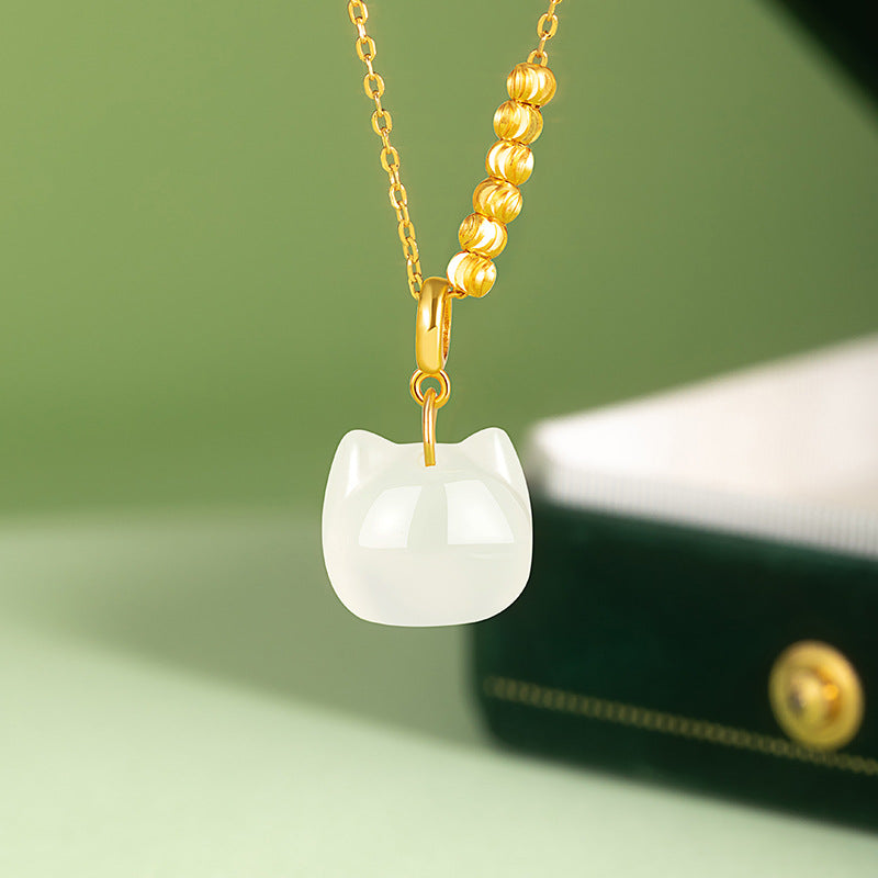Lucky Beads Lucky Kitten White Chalcedony Pendant S925 Silver Necklace Female Popular Mori Niche Clavicle Chain Gift Female