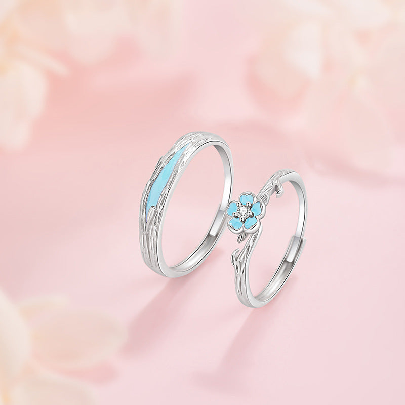 Camellia Sterling Silver 925 Luminous Couple Ring Sweet Cute Flower Ring Ins Valentine's Day Cherry Blossom Ring