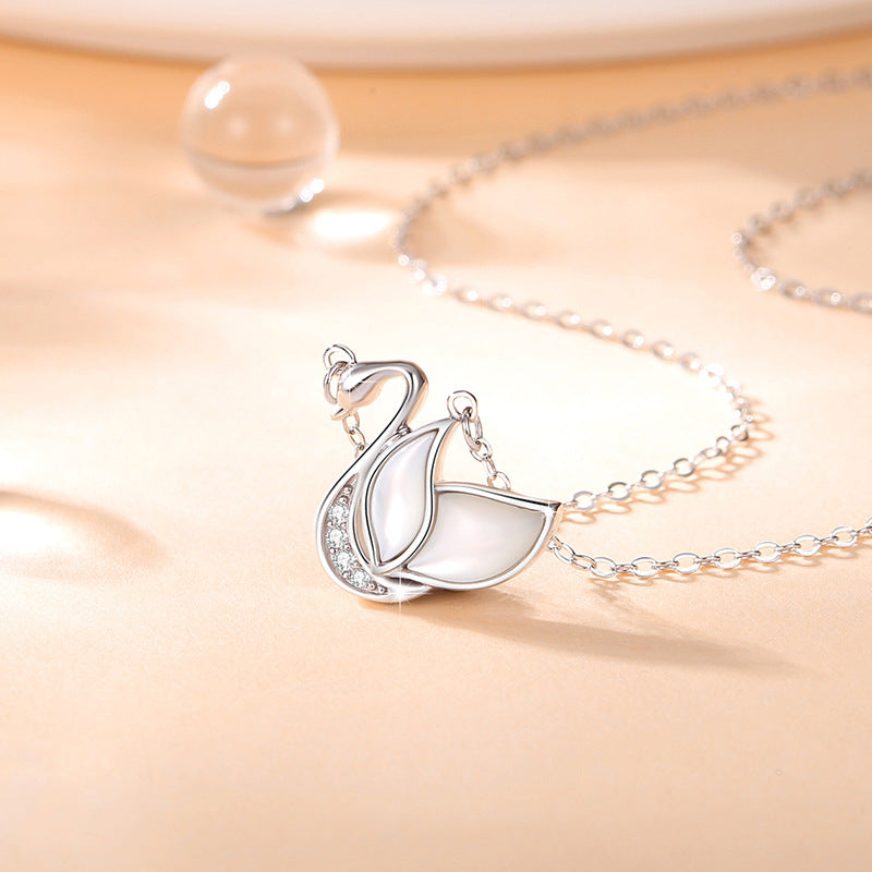 Swan Sterling Silver 925 Necklace for Women, Niche Design, Light Luxury Zircon Clavicle Chain, INS Style White Fritillary Pendant