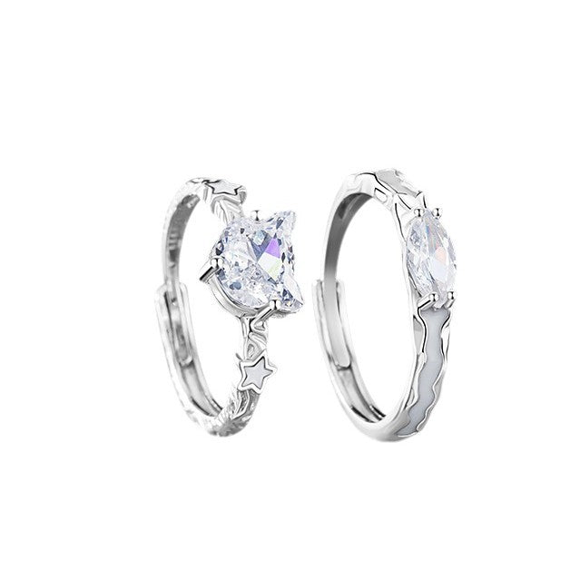 Fox 999 Pure Silver Luminous Couple Ring Men's and Women's Light Luxury High-Grade Zircon Ring Ins Wind Star Ring