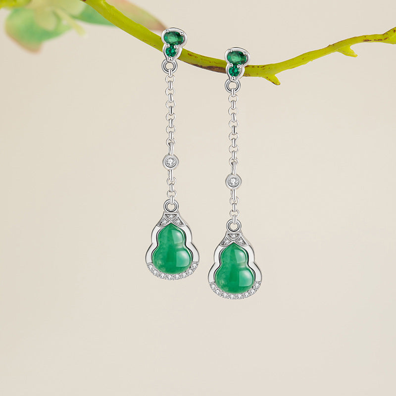 Fu Lu Double Full Sterling Silver 925 Stud Earrings Women's Light Luxury High-Grade Natural African Emerald Tassel Earrings Ins Gourd Stud Earrings