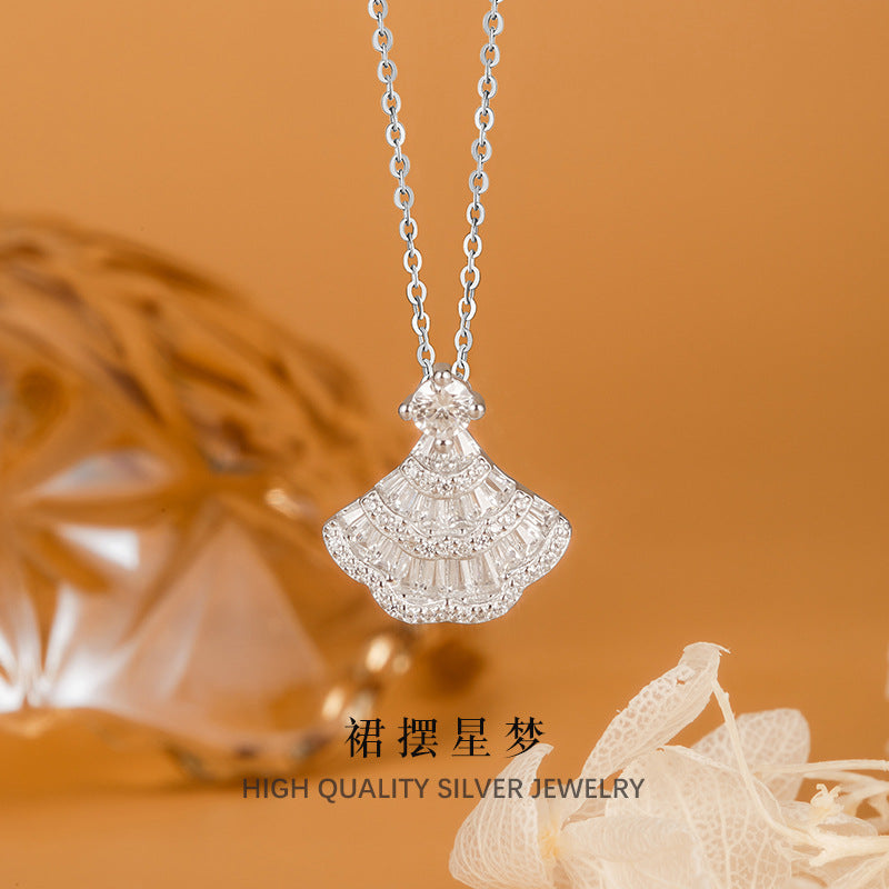 S925 Sterling Silver Necklace Women's Light Luxury Full Diamond Fan-Shaped Pendant Internet Celebrity Same Style Shining Skirt Silver Jewelry Wholesale for Girlfriend