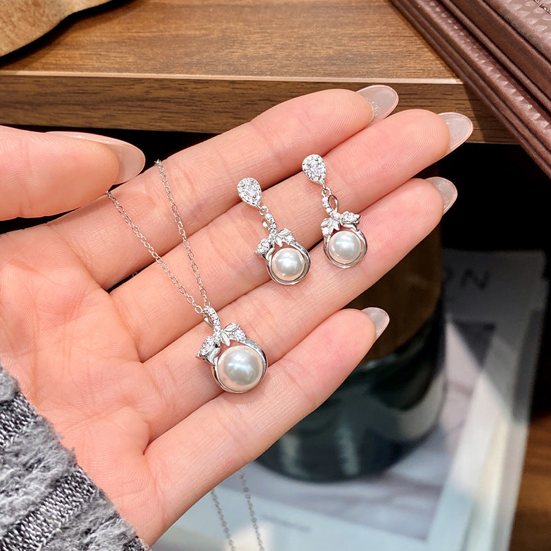 S925 Sterling Silver Leaf Pearl Jewelry Set Elegant Commuter Clavicle Chain Earrings for Girlfriend Mother Holiday Gift