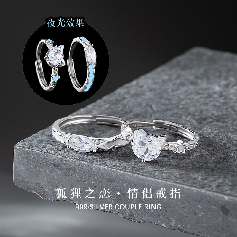 Fox 999 Pure Silver Luminous Couple Ring Men's and Women's Light Luxury High-Grade Zircon Ring Ins Wind Star Ring