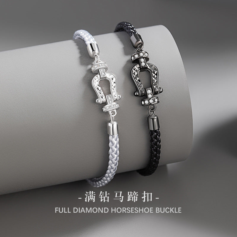 Horseshoe Buckle Sterling Silver 925 Couple Bracelet Niche Design Light Luxury Navigation Buckle Zircon Bracelet Ins Double Ring Bracelet