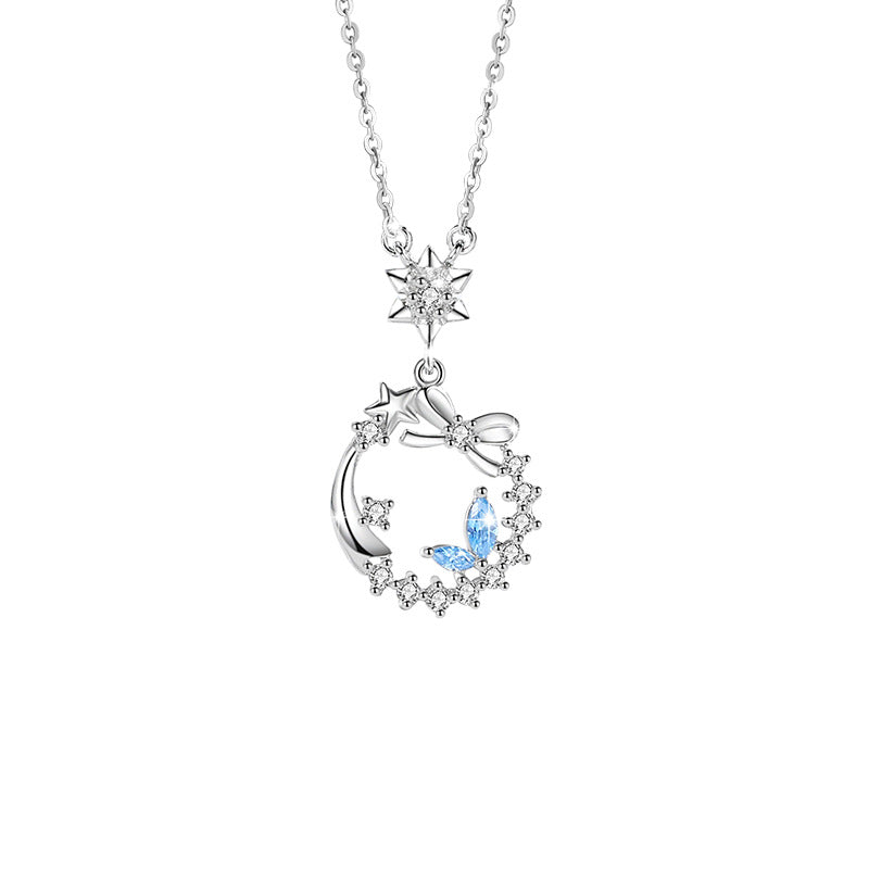 Bowknot Sterling Silver 925 Necklace Female Niche Design Light Luxury Zircon Clavicle Chain Get Things Ins Style Star Pendant