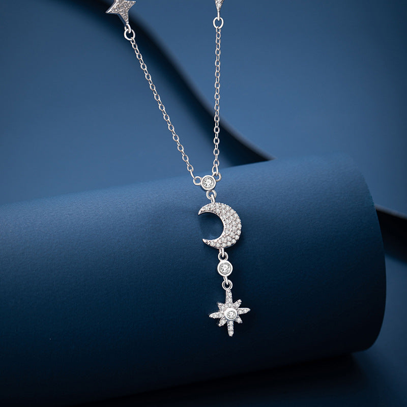 Star Moon Sterling Silver 925 Necklace Niche Design Light Luxury Zircon Eight Awn Star Clavicle Chain Ins Tassel Pendant