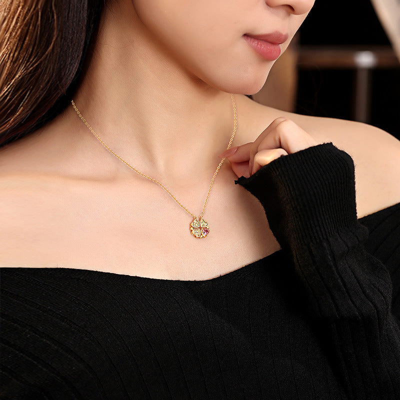 Broken Ice Craft S925 Sterling Silver Clover Necklace Women's Magnetic Suction Can Be Opened in One Two-Piece Love Clavicle Chain