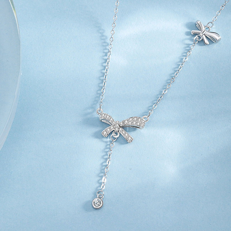 Bowknot Sterling Silver 925 Necklace Female Niche Design Light Luxury Zircon Tassel Clavicle Chain Ins Style Love Pendant