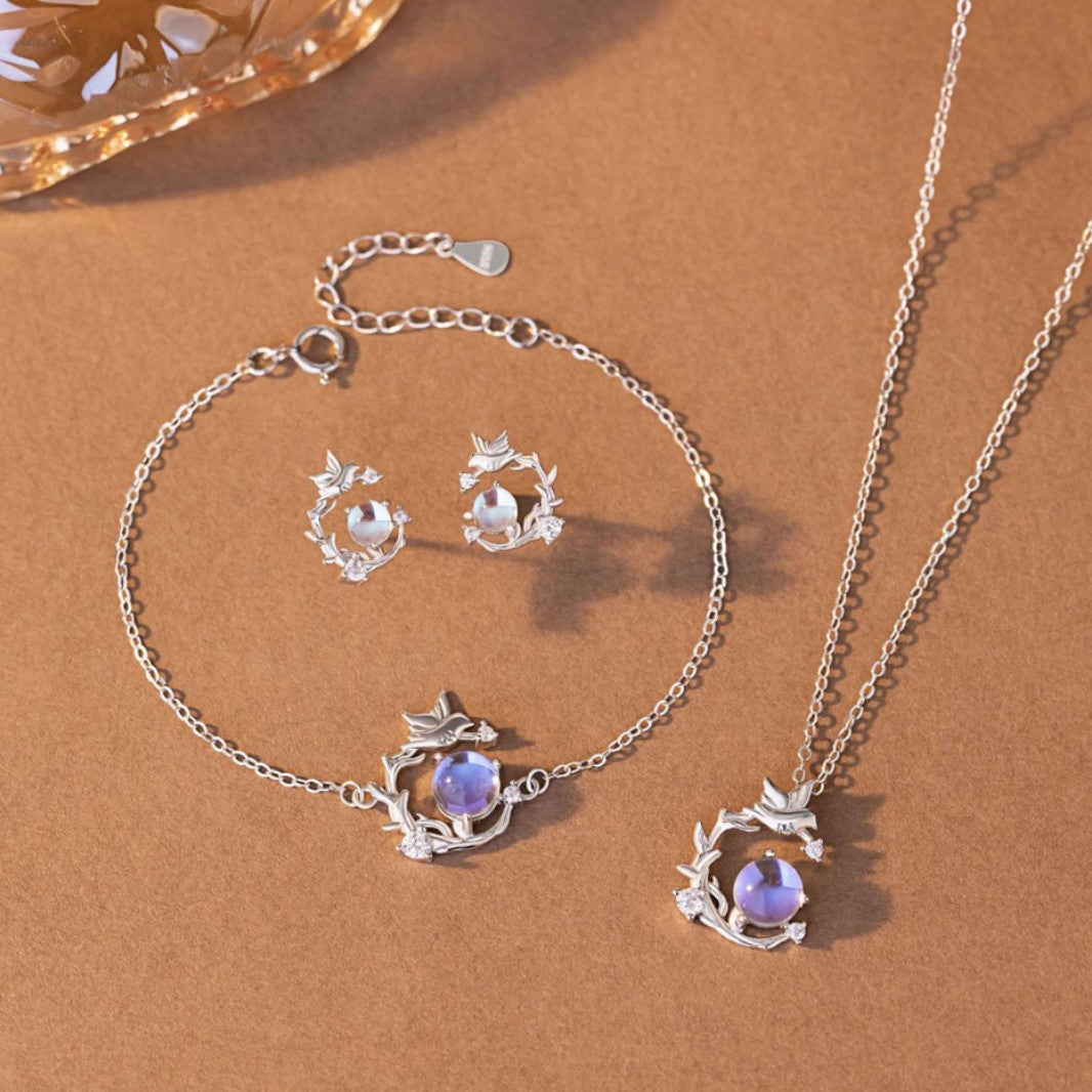 Blue Eucalyptus and Bird Sterling Silver 925 Necklace Women's Light Luxury High-Grade Glazed Stone Clavicle Chain Ins Valentine's Day Gift Pendant