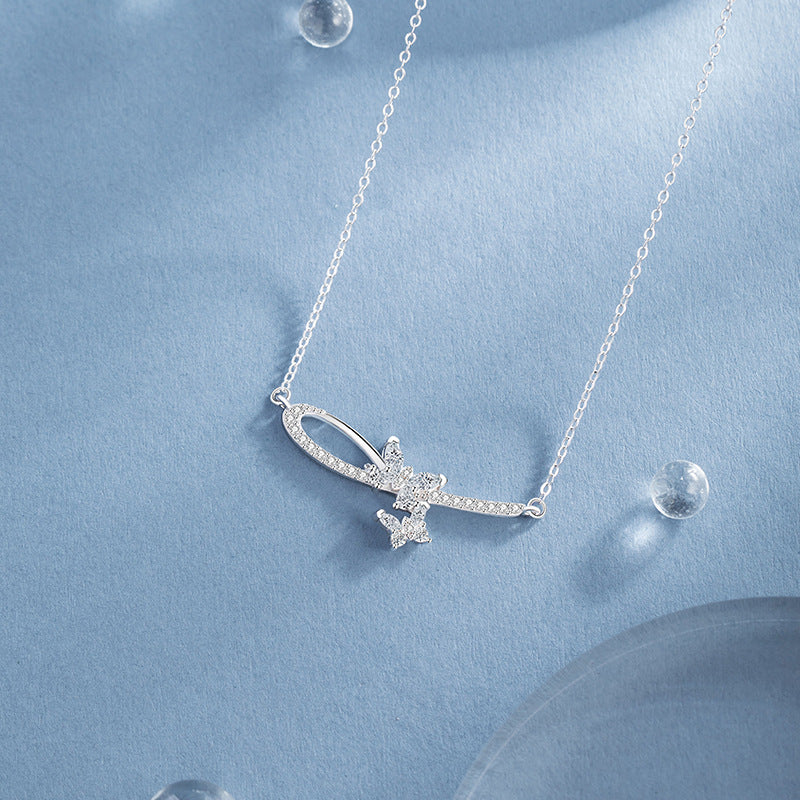 Butterfly Sterling Silver 925 Necklace Female Niche Design Light Luxury Star Zircon Clavicle Chain Ins Style Meteor Shower Pendant