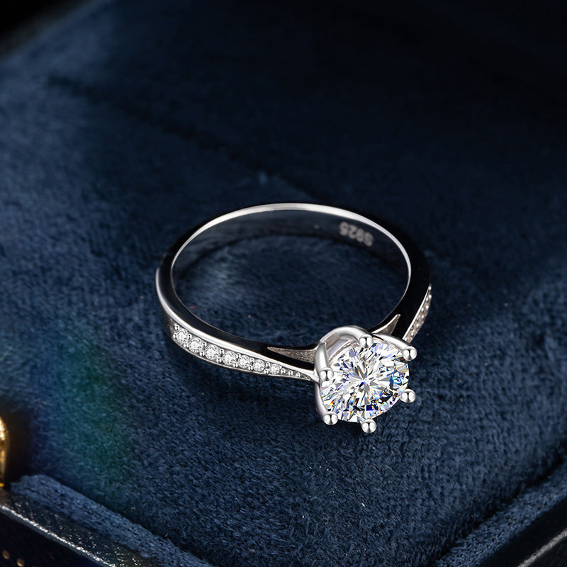 Sterling Silver 925 Diamond Ring Women's Fashion Versatile 6-Claw Moissanite Ring 1 Karat Cross-Border Wedding Ring Gift