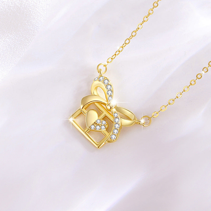Bowknot Sterling Silver 925 Necklace Women's Fashion Versatile Square Sugar Clavicle Chain Qixi Gift Ins Style Love Pendant