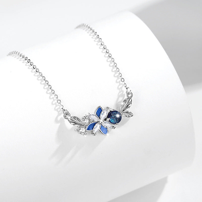 Butterfly Sterling Silver 925 Necklace Female Niche Design Light Luxury Glass Stone Clavicle Chain Get Things Ins Style Flower Pendant