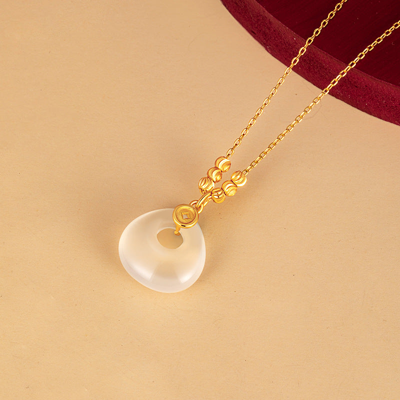 New Chinese Style Chalcedony Safety Buckle Chain S925 Sterling Silver Lucky Beads Necklace Gift for Elders Mother Girlfriend