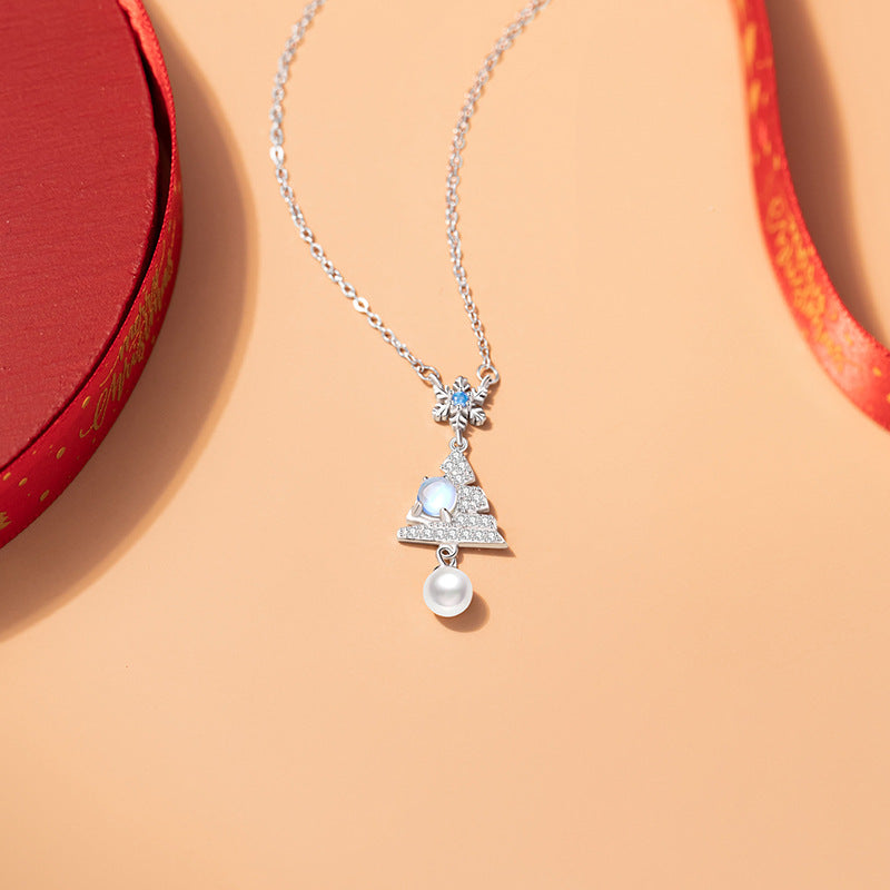 Sterling Silver Christmas Tree and Snowflake Necklace – Pearl Detail
