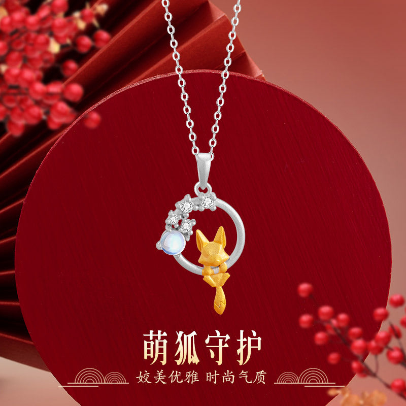 Sterling Silver Fox and Flower Necklace – Glass Detail