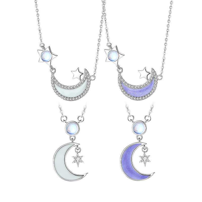 Original Design Enamel Craft Luminous S925 Sterling Silver Necklace Colored Glaze Moonstone Niche Simple Star Moon Clavicle Chain