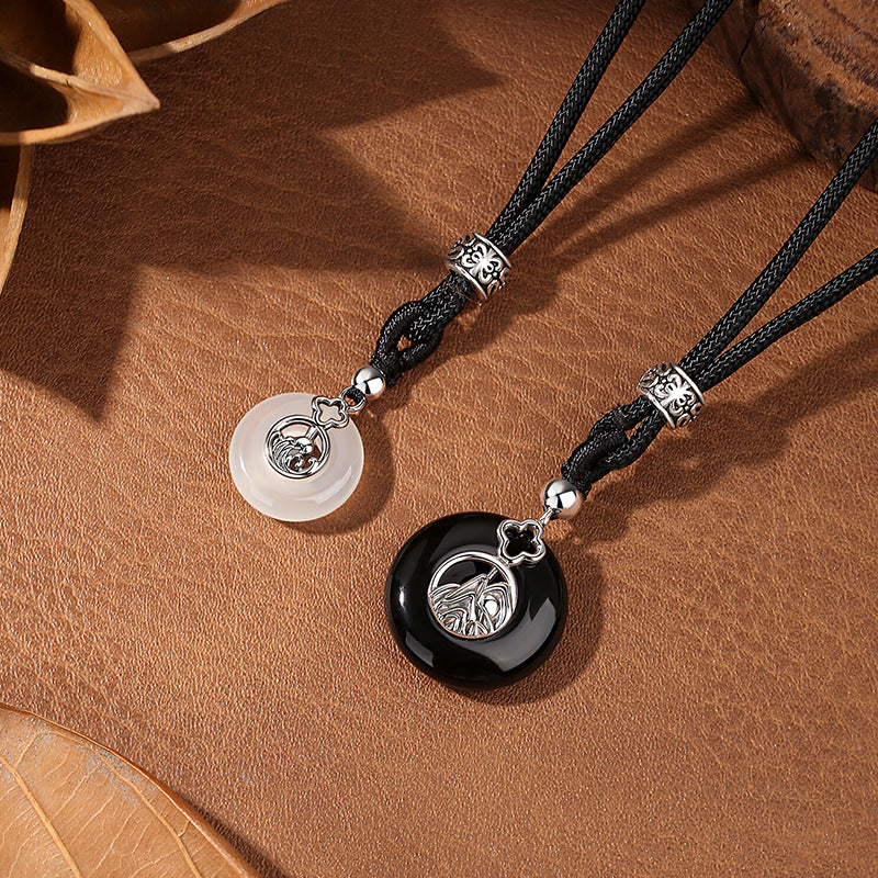 Love Oath Couple Safety Buckle S925 Sterling Silver Necklace Black Agate White Chalcedony Pendant Valentine's Day Gift