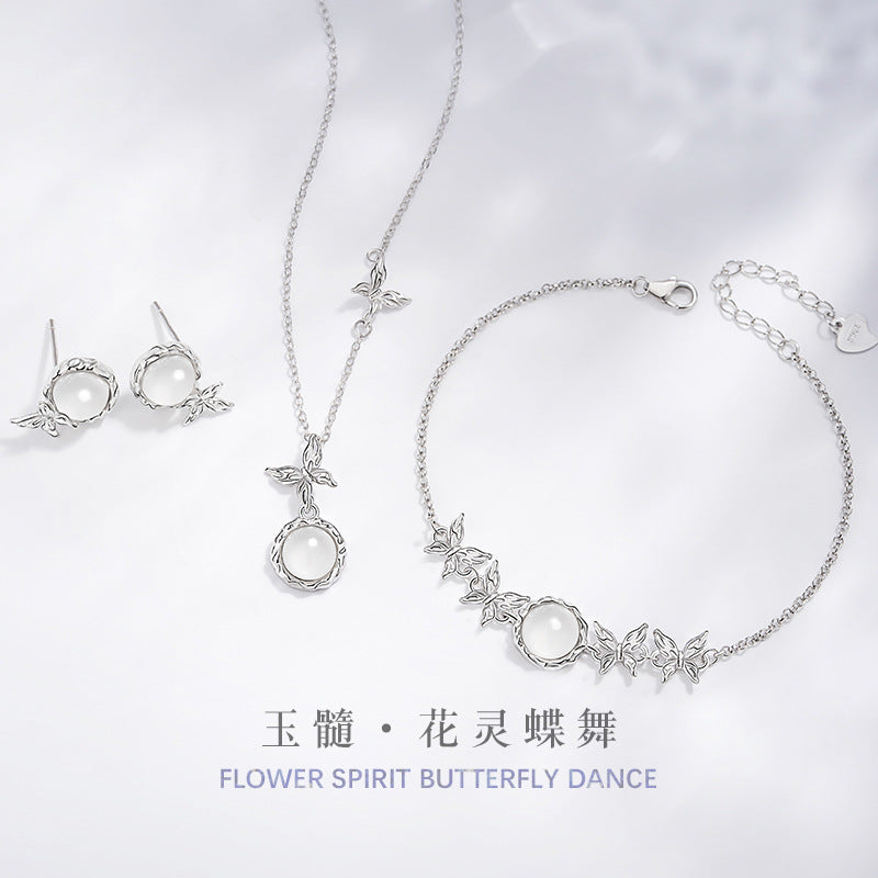 Butterfly Sterling Silver S925 Necklace Women's Simple Niche Personality Style Chalcedony Clavicle Chain Irregular Cold Style Pendant