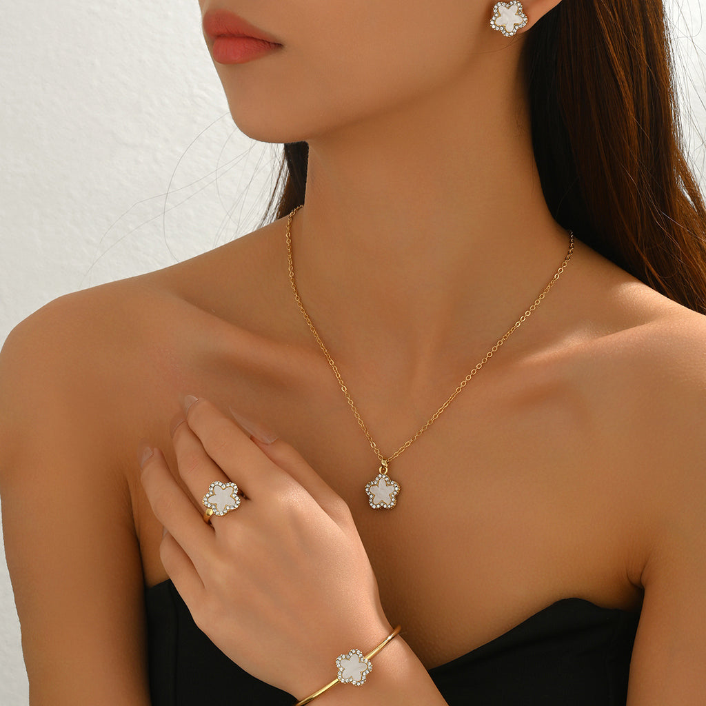 Cross-Border European and American Style Women's Jewelry Set Geometric Flower Design Necklace Versatile High-Grade Earrings Ring for Women