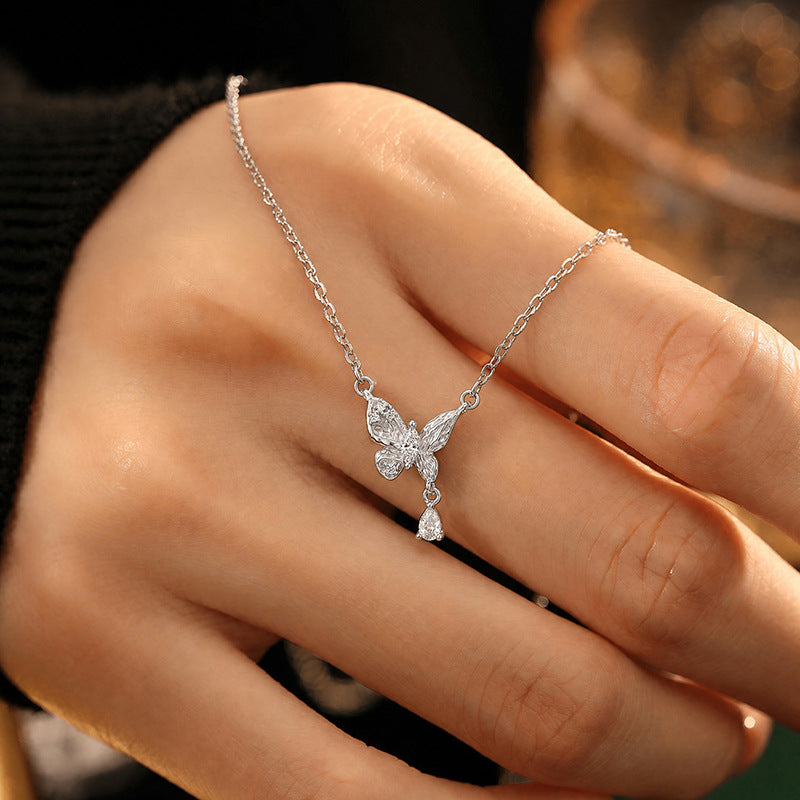 S925 Sterling Silver Necklace Women's Light Luxury Relief Water Drop Shining Dream Butterfly Clavicle Chain Niche High Sense Valentine's Day Gift