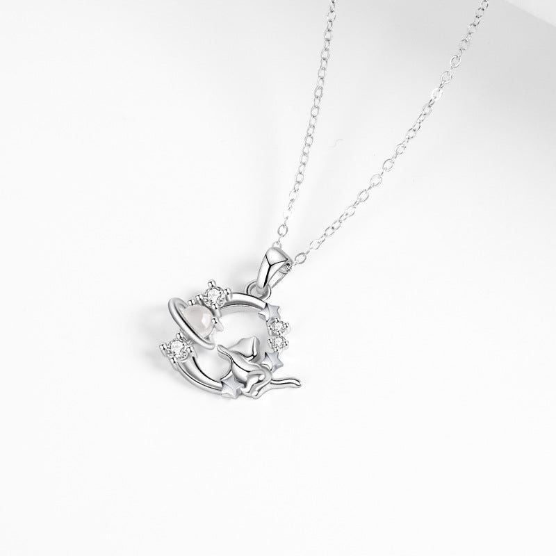 Original S925 Sterling Silver Moon Cat Necklace Female Inlaid White Agate Fashion Clavicle Chain Niche Ins Style Necklace