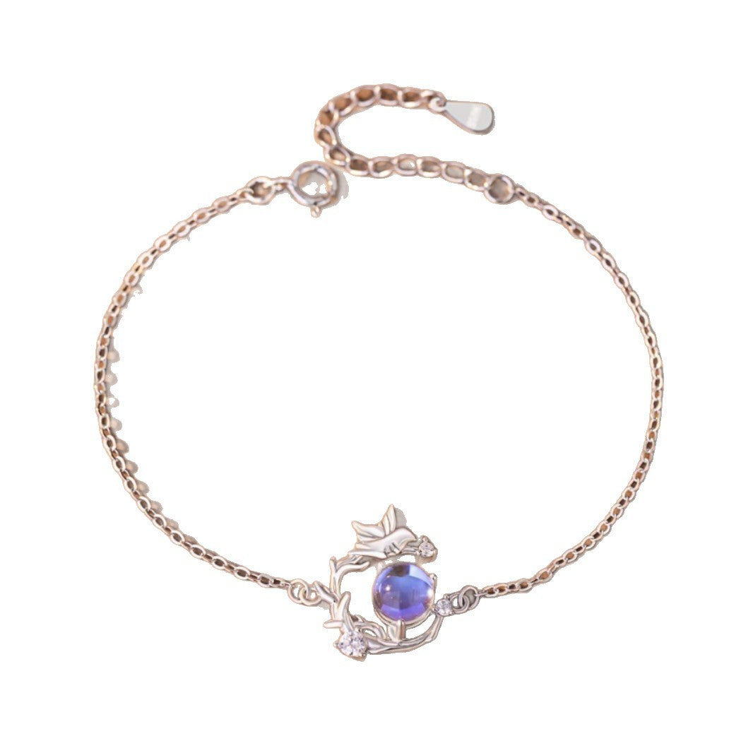 Sterling Silver Eucalyptus and Bird Bracelet – Zircon Accents