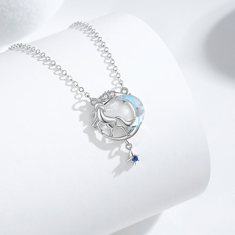 Unicorn Sterling Silver 925 Necklace Female Niche Design Light Luxury Glass Stone Moon Clavicle Chain Ins Star Pendant