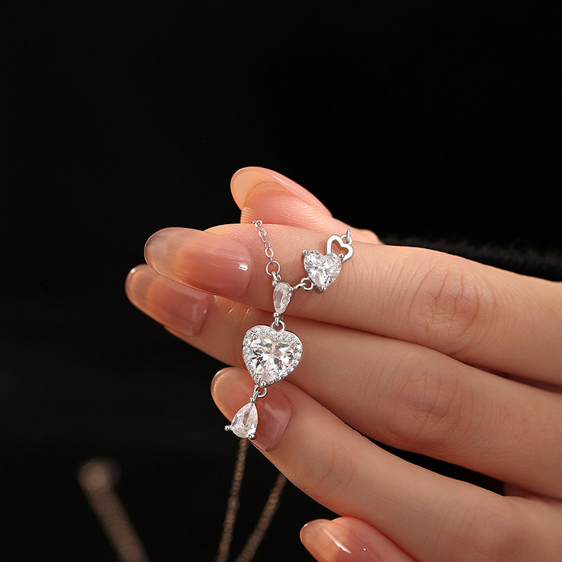 S925 Sterling Silver Necklace Light Luxury Double-Layer Lovely Water Drop Clavicle Chain Qixi Confession Gift Niche Design Necklace
