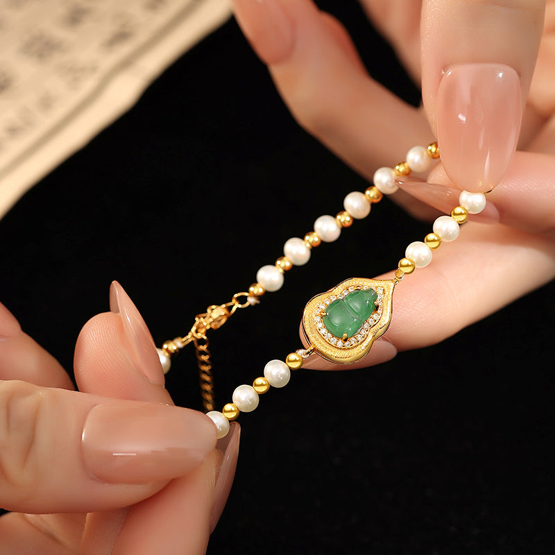 Natural Dangerous Material Green Blue Water Fu Lu Gourd Set S925 Sterling Silver Freshwater Pearl Necklace Bracelet Ring Earrings